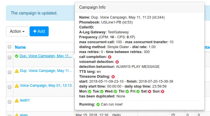 Campaign overview with ready-to-run tick boxes