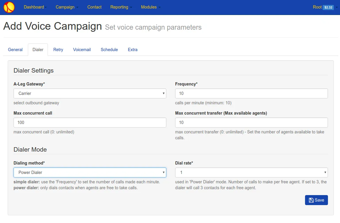Add Voice Campaign dialer settings with Power Dialer mode and dial rate