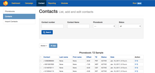 Contact Numbers showing Time Zone